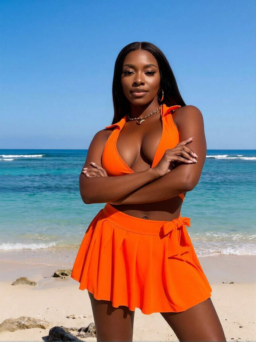 Women's Skirt Set Halter Crop Top And Mini Skirt - Sexy Two Piece Outfits Summer Streetwear Club Party Co-Ord Set Fashion Y2K Aesthetic, Summer Swimsuit Sets Suitable For Women - trái cam - Xem 1
