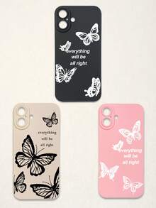 Funda de teléfono suave con protección de lente, 3 piezas con estampado de mariposa y letra, mariposa + estampado de eslogan "Todo estará bien", compatible con iPhone y Galaxy - Multicolor - Ver 45