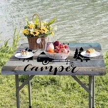 1件装快乐露营野餐图案弹力桌布，户外露营和庭院必备，长方形桌布，印有露营者和自然图案，耐用桌布，野餐桌罩 - A - 查看 7