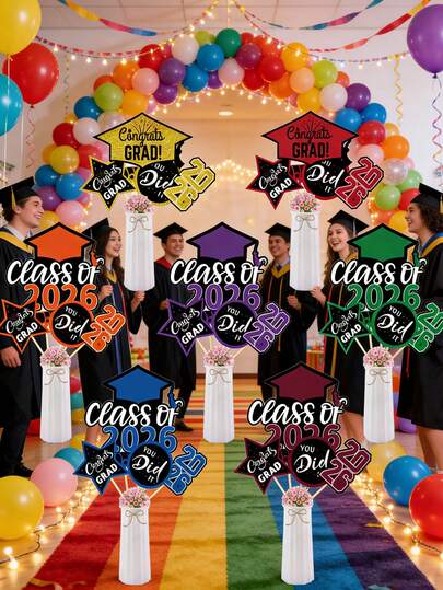 Bộ 20 món trang trí tốt nghiệp khóa 2026, gồm đồ trang trí bàn tiệc màu đỏ và đen cùng đèn bàn đứng. Hoàn hảo cho các trường cao đẳng và trung học. Chúc mừng các bạn tốt nghiệp! Đồ dùng trang trí tiệc