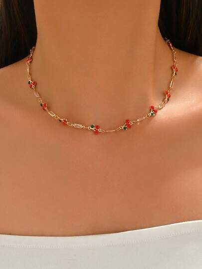 1pc Summer Sweet Cute Crystal Cherry Decor Clavicle Chain, Handmade Minimalist Necklace, Fashionable Neck Jewelry Suitable For Daily Wear And Party