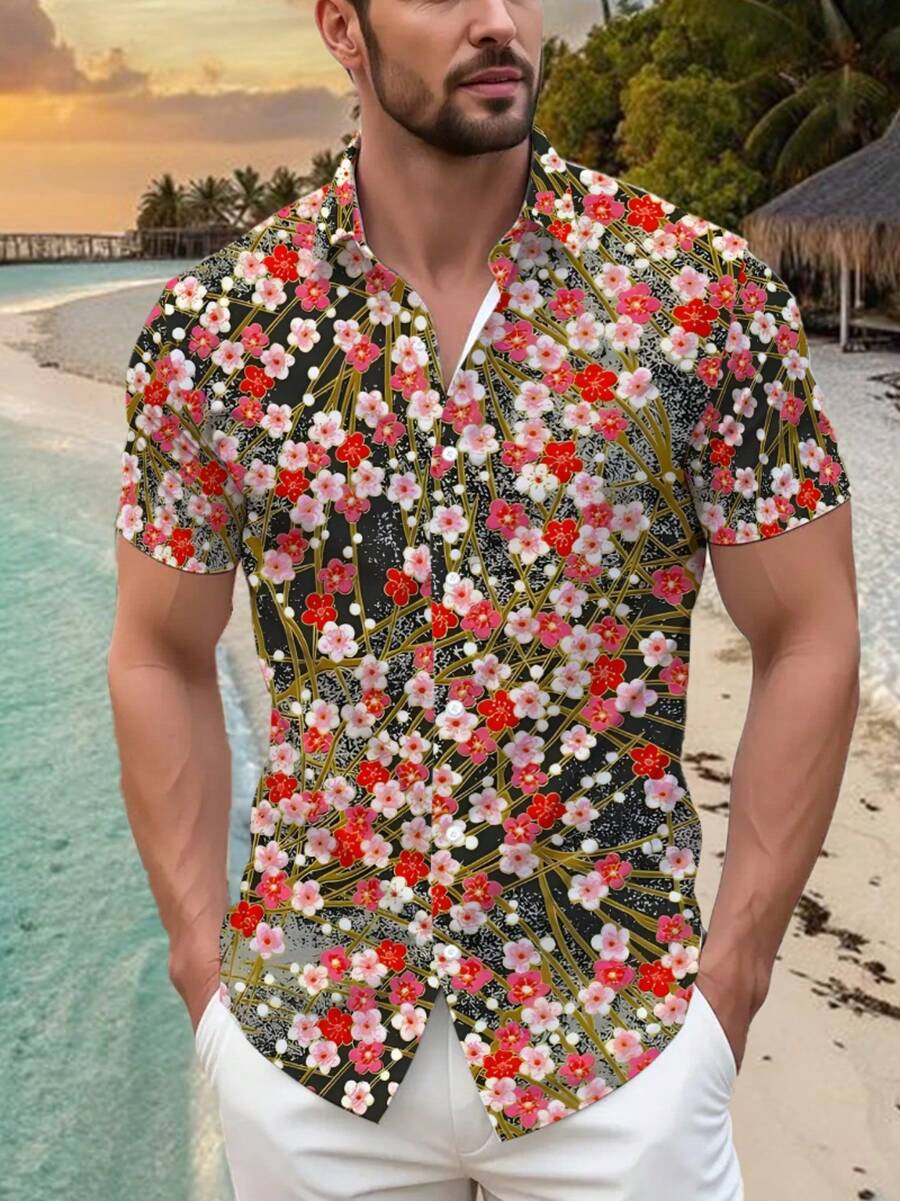 Pattern Of Blooming Cherry Blossoms Symbolizing Vitality Renewal And Harmony In Nature 3D Printed Floral Casual Button Up Short Sleeve Men Shirt Summer Beachwear - trắng - Xem 1