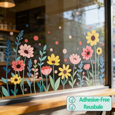 2 Tờ Decal Hoa Văn Rực Rỡ - Hình dán PVC tĩnh điện có thể tái sử dụng cho cửa kính, cửa sổ và trang trí phòng ngủ trẻ em