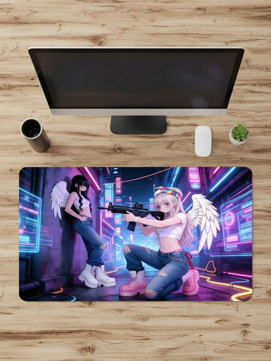 Tấm lót chuột chơi game cỡ XXXL cực lớn, bề mặt mịn, chống trượt, chống thấm nước, có thể giặt được, kích thước 39,37"X19,69", đế cao su và bề mặt vải, họa tiết Cyberpunk Dual Angel & Cityscape, thảm trải bàn lớn cho bàn phím và máy tính, tương thích với chuột có dây và không dây, sử dụng tại văn phòng và nhà, quà tặng công nghệ, quà tặng Ngày của Mẹ. - Xem 1