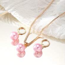 1pc Pink Faux Pearl Necklace And 2pcs Earrings Jewelry Set, Bronze Tone Accessories, Perfect For Daily Wear, Vacation, Ideal For Girlfriend, Mom - Pink - View 2