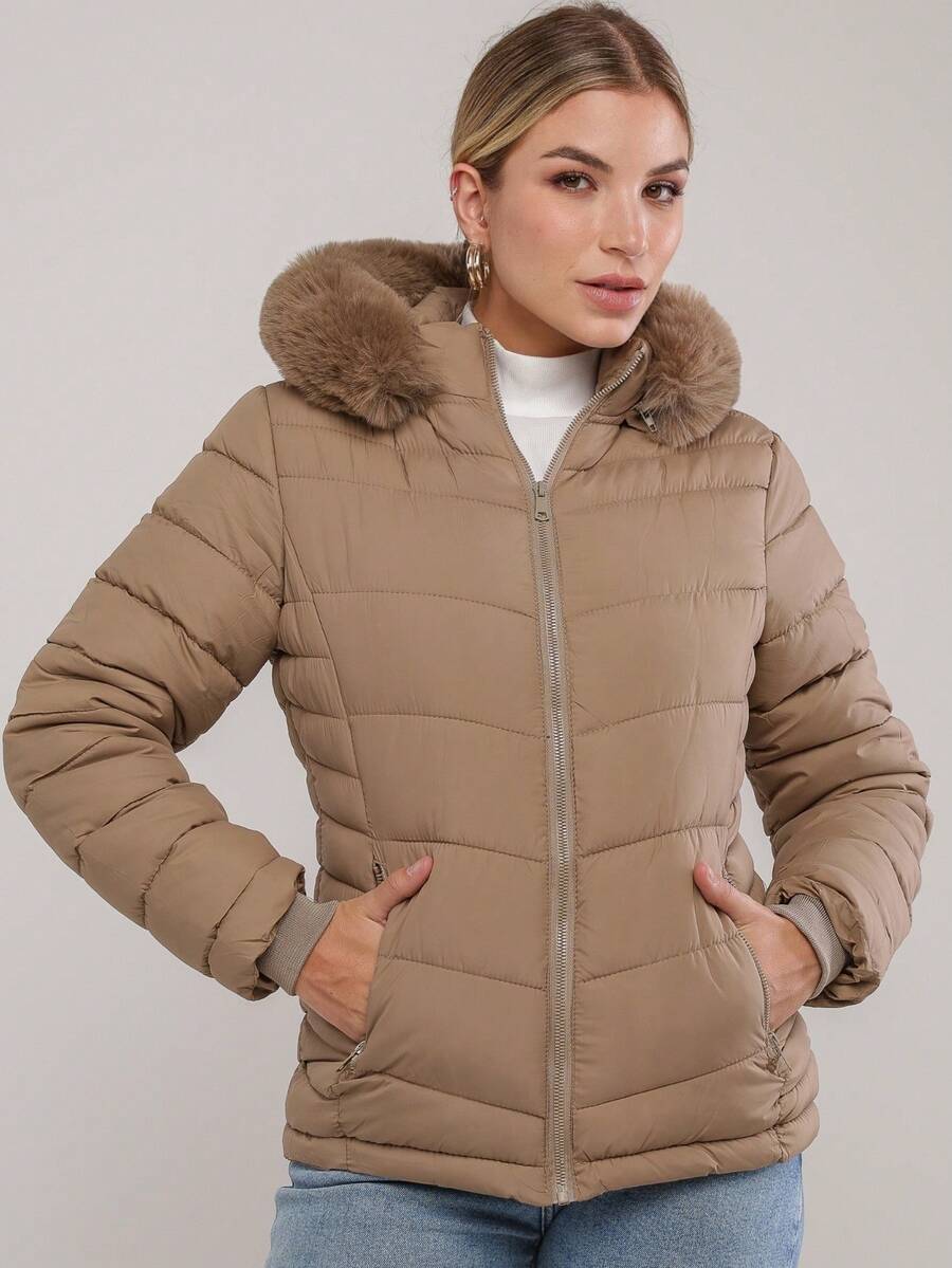 Women's Lined Puffer Jacket, Comfortable, Fur-Fitted, With Removable Hood, Autumn/Winter Style. - Màu Khaki - Xem 1