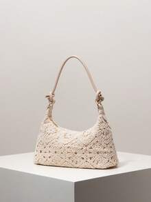 Women's Floral Print Shoulder Bag, Bohemian Style Summer Beach Bag, Essential For Travel & Vacation, Comes With Crochet Set - Apricot - View 2