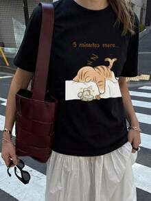 1 pieza Camiseta de mujer de manga corta y cuello redondo para verano, con estampado de letras inglesas "Gato durmiendo", adecuada para verano, playa, calle, fiestas diarias. Top elegante de vacaciones Y2K, conjunto casual de verano, ropa de vacaciones para mujer - Negro - Ver 6
