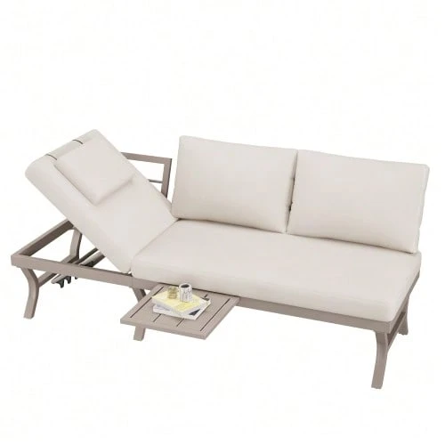 Garden Furniture Set, Outdoor Sofa, 3-Seater Sofa, With Adjustable Reclining Function (5 Positions, Up To 55°), With Table, Galvanized Steel Tubing, Includes A Table (Position Can Be Changed) - Beige - View 1