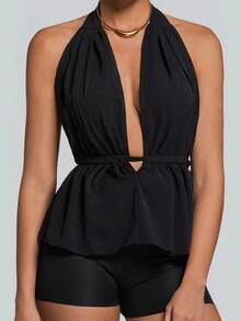Sexy Fashionable Deep V-Neck Spaghetti Strap Tie Design Backless Camisole, New Arrival Spring/Summer Casual Black - Black - View 6