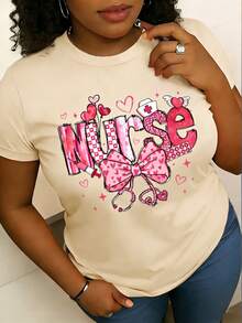 2026 Women' Nurse Letter Print Theme T-Shirt - Nursing Top With Heart Pattern, Bowknot And Stethoscope Design - - 杏色 - 查看 13