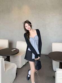 Bộ đồ nữ thường ngày mùa xuân/hè mới, dáng ôm tối giản, tay dài, áo khoác cardigan và áo kiểu 2 mảnh. - Xám - Xem 5