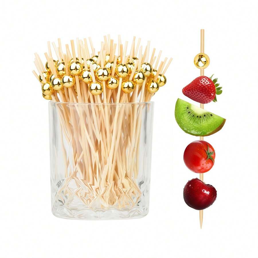 [200 cái/100 cái/50 cái/10 cái] Que xiên tre dùng một lần, chắc chắn và bền, thích hợp cho nhà bếp, nhà hàng, salad trái cây, đám cưới, tiệc tùng, thiết kế hạt tròn, có sẵn màu vàng/hồng/trắng