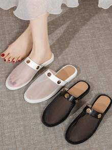 New Fashion Flat Slippers, Mesh Vamp Breathable Slides, Metal Buckle Sandals, French Casual Soft Bottom Slip-On Flat Mules, Versatile For Commuting - Black - View 2