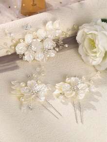 Bộ 3 kẹp tóc cưới hình hoa lớn, đính pha lê và ngọc trai, phụ kiện tóc cô dâu, trang sức đính đá lấp lấp lánh, hoa trắng dập nổi. - trắng - Xem 9