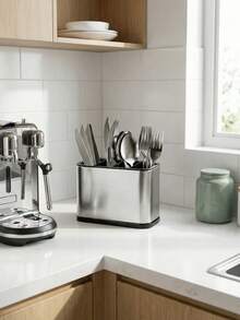 Large-Capacity 4-Compartment Cutlery Storage Box With Drainage And Ventilation Design For Categorizing And Storing Forks, Knives, Spoons, Napkins, And Other Tableware. Suitable For Kitchens, Restaurants, And Dining Tables. A Modern Organizer. - Hộp đựng đồ 4 ngăn - màu bạc - Xem 3