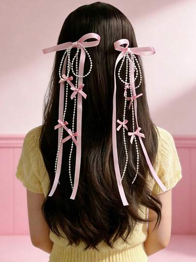 2 chiếc kẹp tóc nơ ruy băng ngọc trai kiểu ballet ngọt ngào và cá tính, kẹp tóc hình bướm, phụ kiện tóc buộc nửa đầu nữ tính.