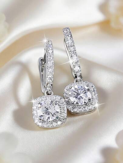 2pcs/1 Pair Fashion Elegant Luxury Sparkling Circular Synthetic Cubic Zirconia Earrings, Suitable For Ladies Wedding, Engagement, Valentine's Day Date And Anniversary