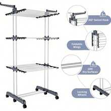 Luminpool Clothes Drying Rack 3 Tier Adjustable Rolling Laundry Hanger With Foldable Wings Large Garment Dryer With Casters For Outdoor Indoor - 灰色 - 查看 3