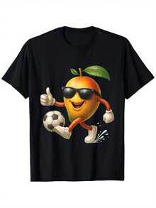 Camiseta Divertida de Fútbol con Estampado de Mango para Hombre - Camiseta de Cuello Redondo con Diseño de Mango 'Pulgar Arriba Jugando al Fútbol', una Camiseta Casual para Aficionados al Deporte y Amantes del Mango - una Camiseta de Fútbol Cómoda para Jugadores de Fútbol y Entusiastas de las Frutas Tropicales - Negro - Ver 5