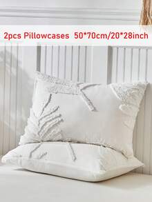 2pcs Boho Style White Leaf Pattern Tufted Pillow Covers, Vintage Farmhouse Polyester Decorative Throw Pillow Cases, Suitable For All Seasons, Machine Washable, Durable, Without Filler - White - View 10