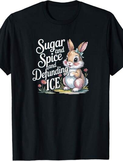 Plus Size Casual Round Neck Short Sleeve Tee With 'Sugar And Spice Defunding ICE' Bunny Print, Comfortable Regular Fit T-Shirt With High Stretch Fabric