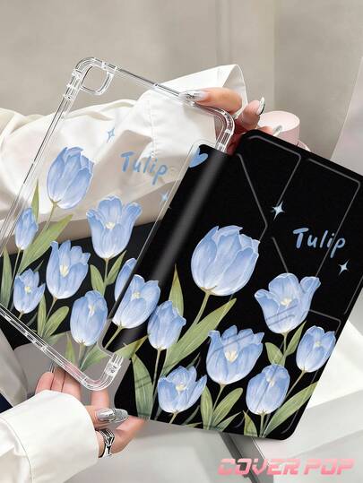 Oil Painting Of Blue Tulips Pattern Tablet Case Compatible With IPad Air 11-Inch M3 2025 / M2 2024, Air 5th Generation 2022 , (A16) 11 Inch 11th Generation 2025,Compatible With Samsung Galaxy Tab,Kindle Paperwhite 12th Gen 2024, Clear Back ,Fashion Pattern Protective Case,Autlueomatic Sleep And Wake-Up Function, Airbag Protection, Suitable For Gifts And Office Use