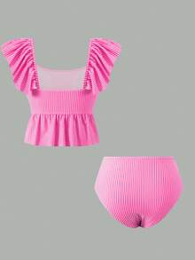 Sweetra Summer Beach Striped Ruffle Trim High Waisted Tankini - Hot Pink - View 2