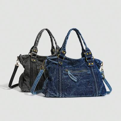 Túi tote denim dung tích lớn, túi đeo vai chéo kiểu vintage sờn, túi xách nữ công sở thường ngày, túi xách kiểu retro Mỹ.