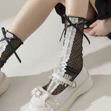 A Pair Of Sweet And Cute Bow Mid-Calf Socks, JK Ribbon Stacked Socks, Ballet-Style Mesh Calf Socks, Sheer Lace - 款式3 - 查看 3