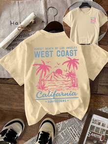 Plus Size Women's Short Sleeve Round Neck T-Shirt, Printed With California West Coast Palm Tree And Letter Pattern, American Retro Casual Style, Suitable For Summer Beach Vacation, Daily Commute And Travel - Khaki - View 4