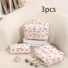 Bộ túi đựng mỹ phẩm nơ hoa hồng màu hồng, túi đựng đồ trang điểm bằng vải cotton chần bông, túi đựng đồ vệ sinh cá nhân dễ thương kiểu sinh viên, thích hợp cho du lịch và sử dụng hàng ngày. - Nhiều màu - Xem 7