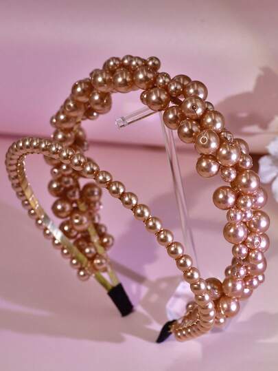 1pc Elegant Champagne Pearl Headband, Fashion Double-Row Princess Style Wide-Brim Headpiece, Suitable For Bride, Wedding, Engagement, Holiday Party, Daily Casual Wear Hair Band Diadema Hair Hoop