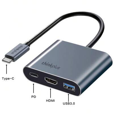 Lenovo 3-In-1 Type-C Expansion Dock, PD100W Power Adapter, 4K HDMI High-Definition Projection, USB Splitter, Universal For Laptops/Mobile Phones/Switch, LC02, Compact, Portable, And Heat-Free.