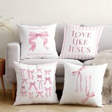 4pcs Minimalist Pink Bow Decorative Pillow Case Set, Single-Sided Printed Soft Peach Velvet Material, 45*45CM Cushion Cover Suitable For Indoor Decor, Party Decoration, Decorative Pillow Gift - Multicolor - View 3