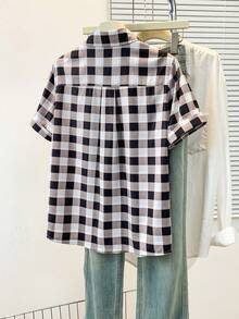 Chemise à carreaux à manches courtes et col pour femmes - Chemise à carreaux classique noir et blanc, convient pour le bureau, le travail, la maison et le port quotidien, printemps/été/automne - Noir et Blanc - Voir 6