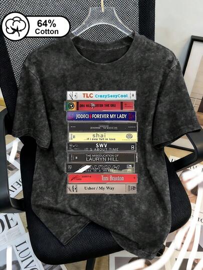 Plus Size Women T Shirts,Hip-Hop Style Cassette Tape Print, Retro Snowflake Washed Plus-Size Short-Sleeved T-Shirts, Suitable For Outdoor Wear, Women's Tops, Summer Clothing, Graphic Prints.