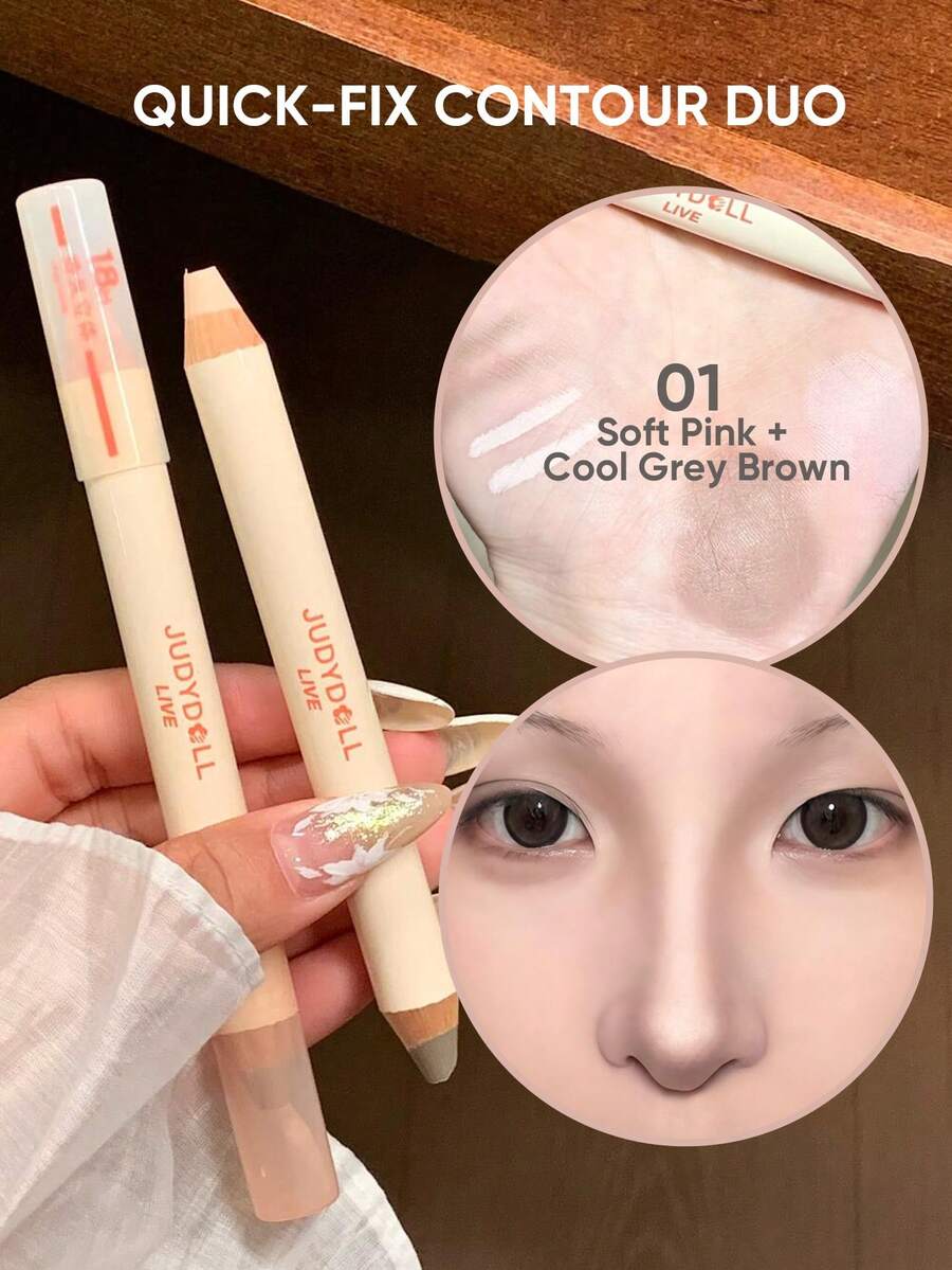 JUDYDOLL Quick-Fix Contour Duo 二合一高光阴影棒，轻松塑形，适合初学者，自然晕染，质地轻盈，持久 18 小时，打造完美光泽妆效 - 01 Soft Pink + Cool Grey Brown - 查看 1