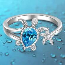 Nhẫn bạc Sterling hình rùa và sao biển màu xanh dương, kiểu dáng hở, có thể điều chỉnh kích cỡ, trang sức chủ đề đại dương dễ thương, phong cách bãi biển mùa hè, thiết kế đơn giản. - vòng rùa - Xem 8