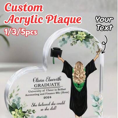 1/3/5pcs Custom Graduation Heart Acrylic Plaque, Personalized Name & Text Acrylic Keepsake, High-Quality Clear Acrylic Graduation Decor, Multiple Graduate Styles Available, Perfect For Graduation Season, Commencement Day, Easter, Mother's Day, Father's Day, Ideal For Graduation Gifts, Desk Decor, Shelf Display & Commemorative Keepsakes