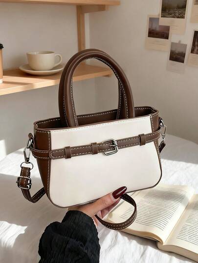 1pc Mini Contrast Color PU Leather Handbag, Shoulder Bag & Tote Bag, Versatile & Commuter Friendly