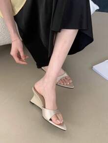 Pointed Toe Wedge Slide Sandals, New Summer Flat Thong Sandals, Unique Design High Heel Shoes For Women - Beige - View 5