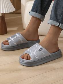 1 Pair Plaid Casual Linen Letter Print Slippers, Comfortable For Home, Party, All Seasons - Grey - View 4