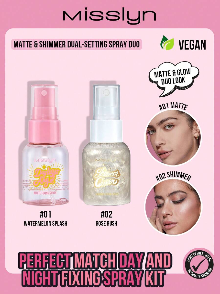 MISSLYN - 完美匹配日夜定妆喷雾套装，定妆喷雾，哑光和亮泽定妆喷雾双效合一，保湿定妆喷雾，二合一喷雾，持久妆效，保湿，超细喷雾，光泽妆感，舒缓轻盈，不卡粉，修复肌肤屏障，蕴含玻尿酸，多用途 - #Set 1 - 查看 1