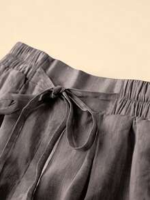 Women's Casual Linen Elastic Waist Pocket Shorts, Suitable For Spring And Summer Vacation - Dark Grey - View 4