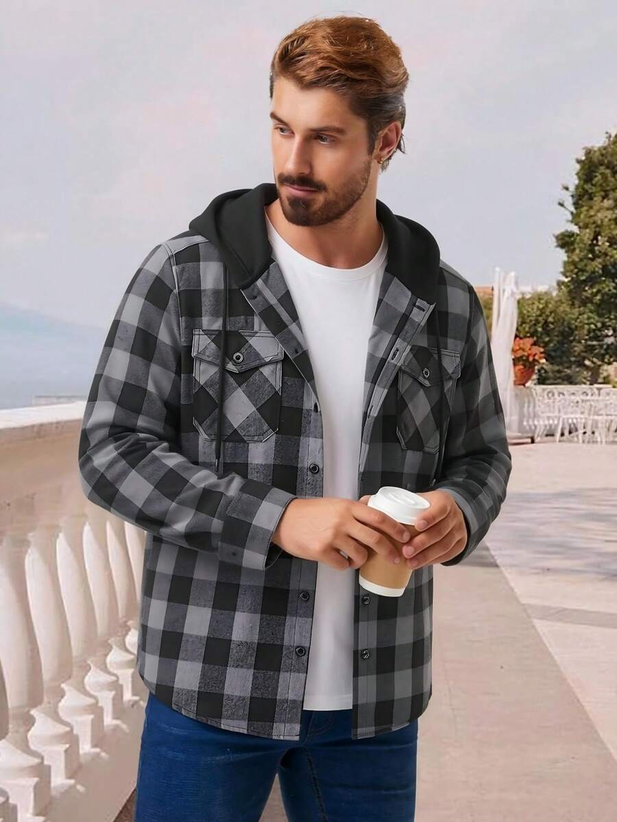 Men's Contrast Hood Plaid Shirt Jacket, Long Sleeve Button Up Shacket For Street Style & Layering - 深灰色 - 查看 1