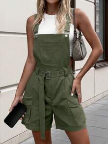 军绿色纽扣腰带口袋休闲优雅可爱 Y2K 女式连体裤，后背系带短裤，适合日常穿着、大学约会、旅行、度假、返校、派对、毕业典礼、街头俱乐部、海滩、乡村音乐会、舞会、春夏装扮。 - 軍綠色 - 查看 3