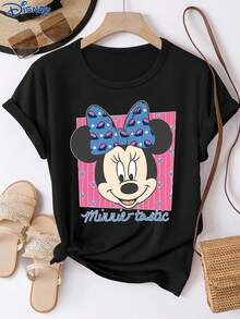 Disney 1件女士短袖T恤，米妮卡通印花短袖T恤，圆领，略带弹性，易打理面料，适合日常穿着，时尚女士短袖T恤，休闲服饰 - 黑色 - 查看 1