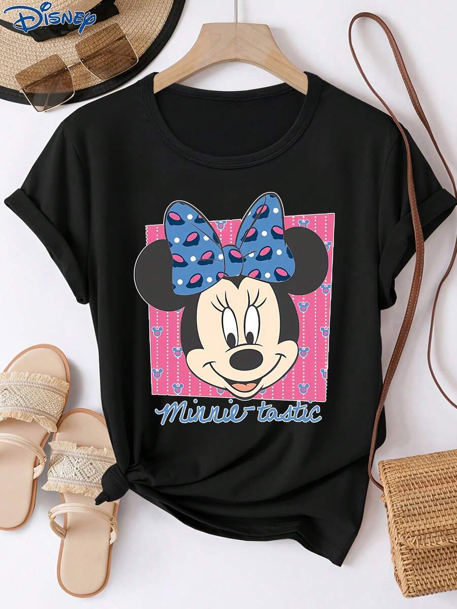 Disney 1件女士短袖T恤，米妮卡通印花短袖T恤，圆领，略带弹性，易打理面料，适合日常穿着，时尚女士短袖T恤，休闲服饰 - 黑色 - 查看 1