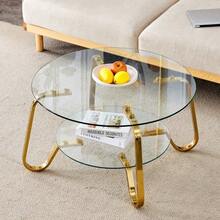Retro Minimalist Style Metal Frame Double Layer Tempered Glass Coffee Table, Add A Touch Of Elegance To Your Living Room - Gold - View 5
